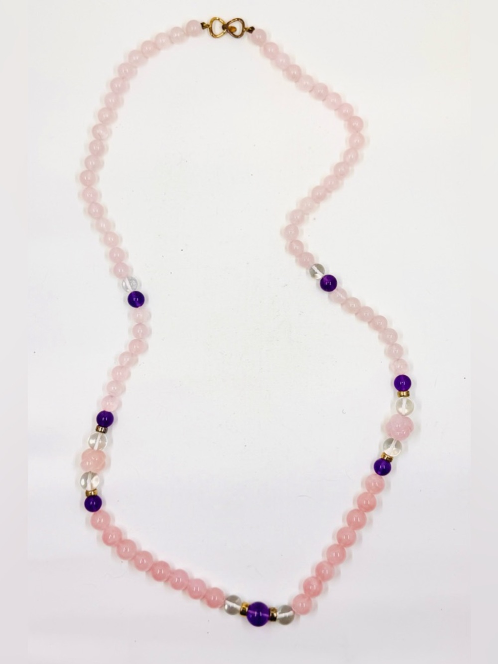 Vintage Natural Rose & Clear Quart & Amethyst Beaded Necklace W/Sterling Clasp